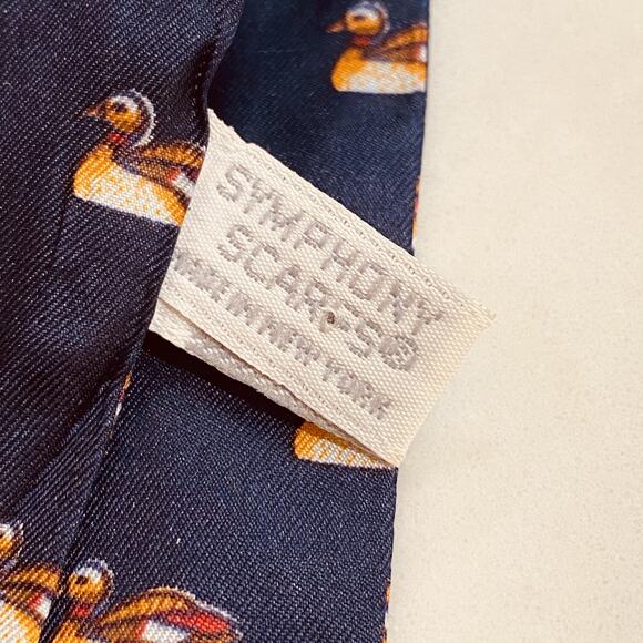 Symphony Scarf New York Scarf Womens Mallard Duck Print Navy 100% Silk Skinny - Picture 4 of 8
